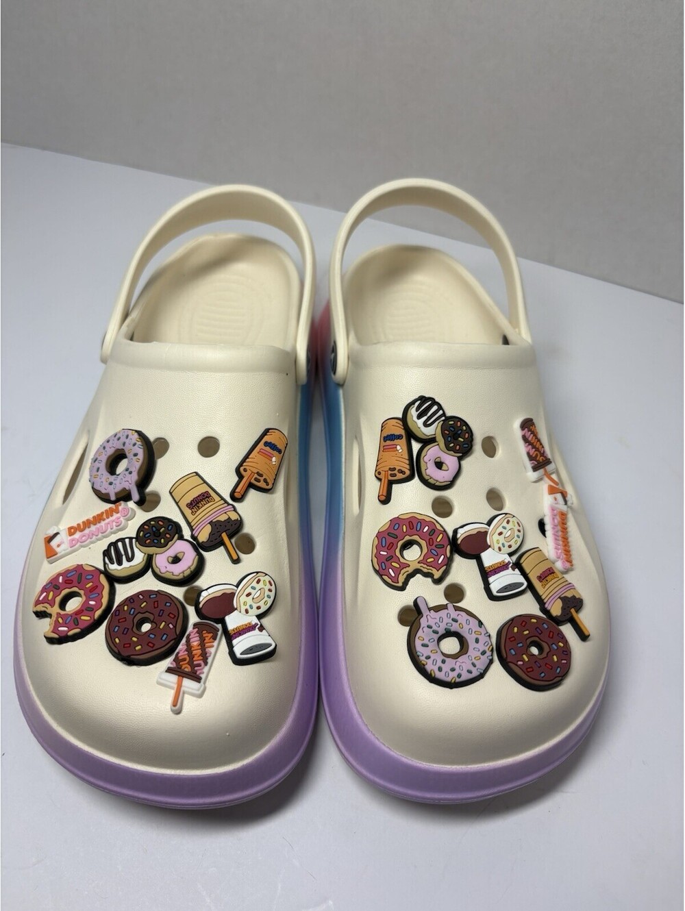Women's Sz 9 Foam Platform Clogs Pastel Ombre w/ Dunkin Donuts Shoe Charms